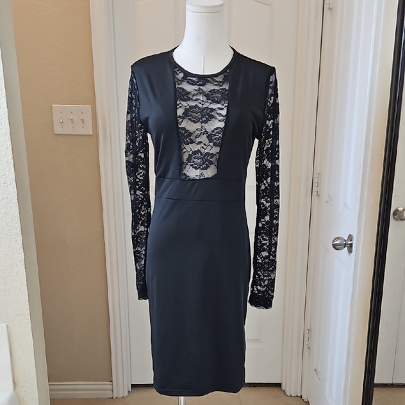 SHEIN Elegant Solid Long Sleeve Bodycon Dress Sheer Panel And Sleeves Size M - Picture 3 of 8